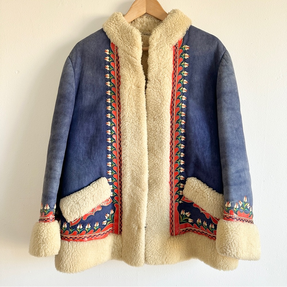Vintage 70s Retro Shearling Handmade Folk Alfghan Polish Penny Lane Jacket Sz M - Picture 5 of 13